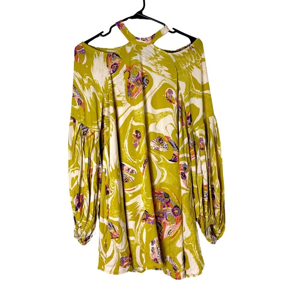 Free People Green Swirl Print Puff Sleeve Top